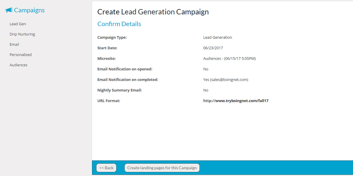 Create Lead Generation Campaign - Confirm Details