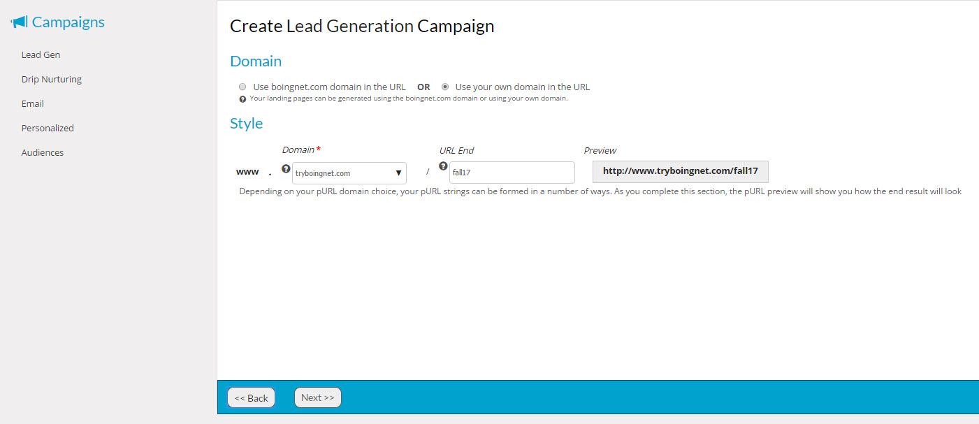 Create Lead Generation Campaign - Domain and URL End
