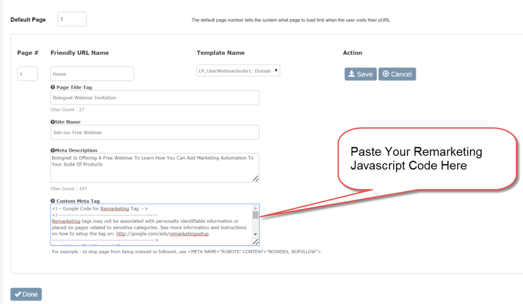 Boingnet Microsite Builder - Retargeting with pURLs