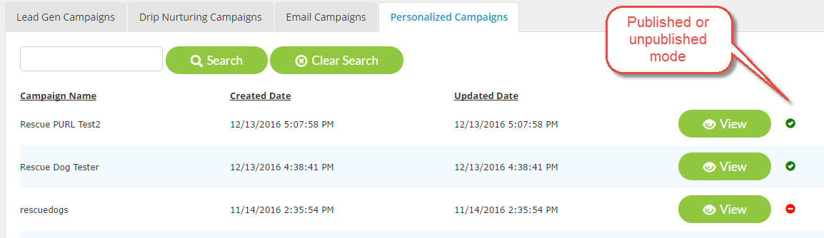 personalized url campaign dashboards - status listing