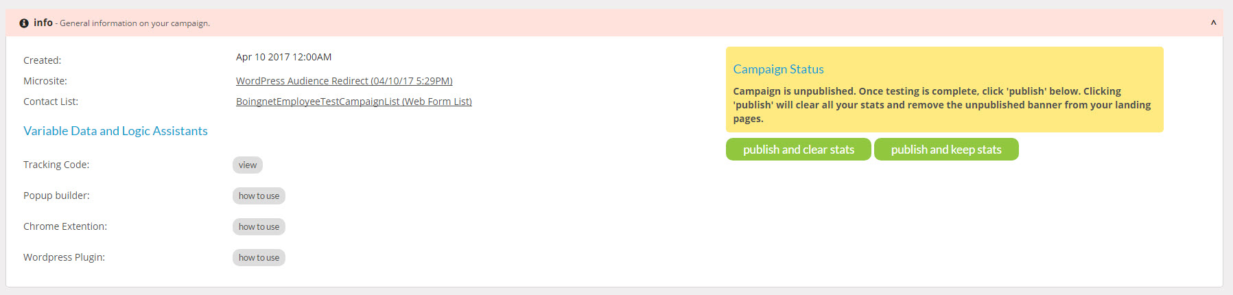 Audiences Campaign Info Panel